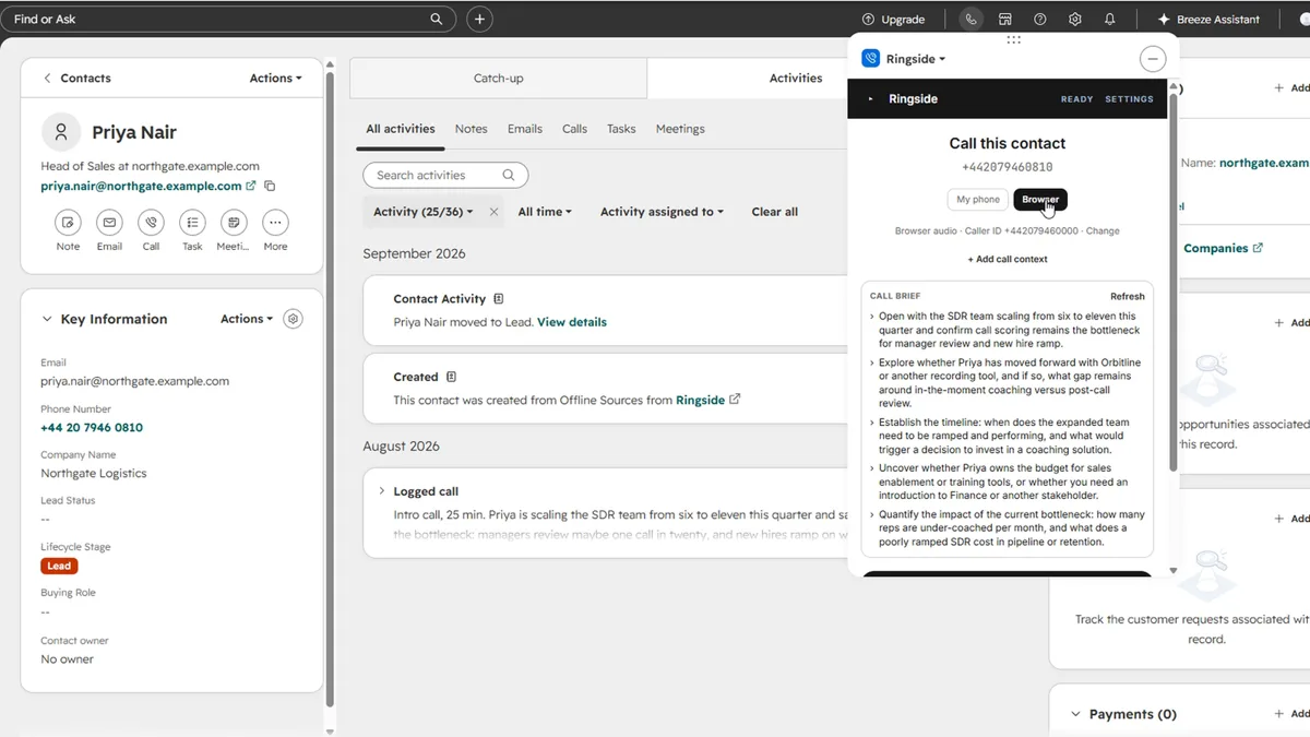 The Ringside panel inside a HubSpot contact record, showing the contact's name, company and number with a Call this contact button and the call brief below it.