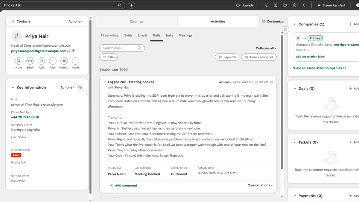 A HubSpot contact timeline showing a call logged by Ringside with the outcome, summary, action items and transcript.