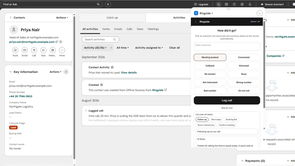 The Ringside panel in wrap-up after a call, with the outcome buttons, a notes field and the Log call button.