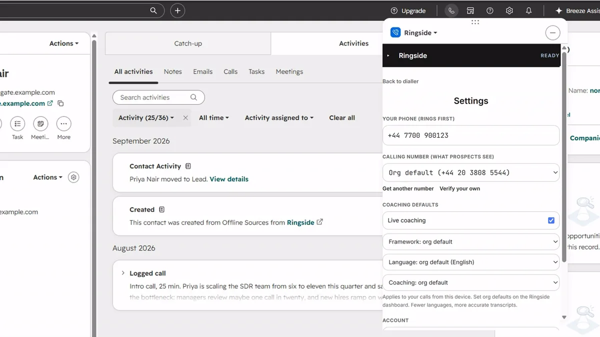The Ringside panel inside a HubSpot contact record, open on its settings: Your phone (rings first), Calling number (what prospects see) with Get a number and Verify your own, and Coaching defaults.