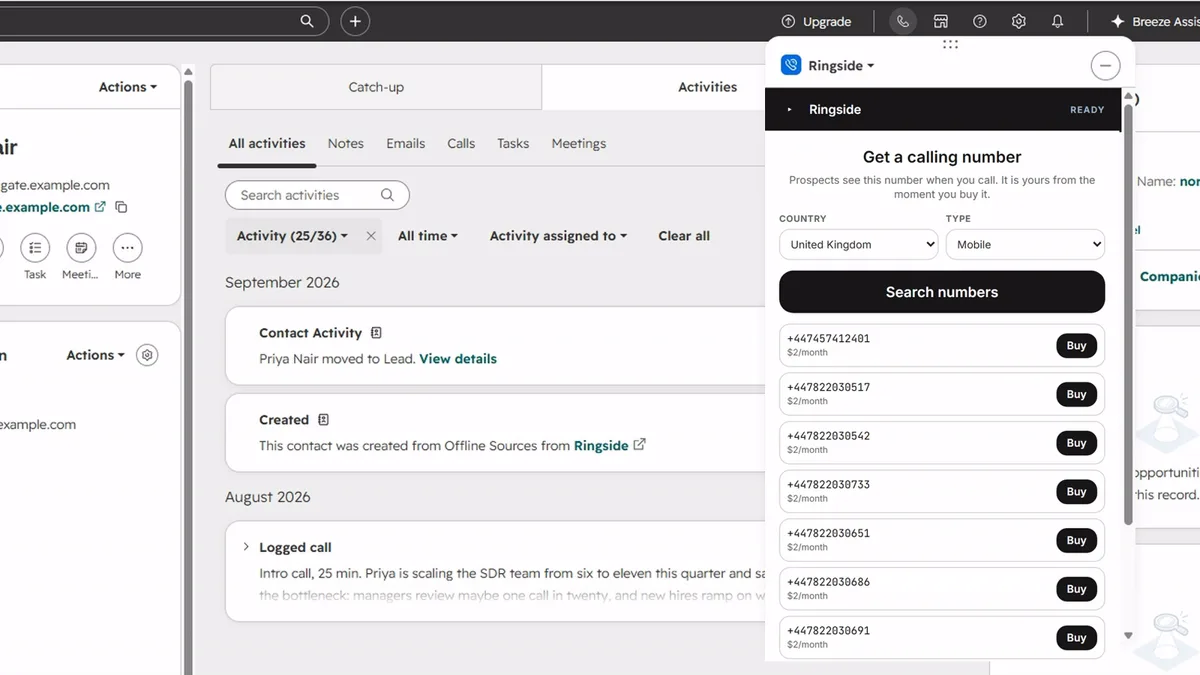 The Get a number screen in the Ringside panel: country and type pickers, a search result listing UK numbers with monthly prices, and a Buy button.