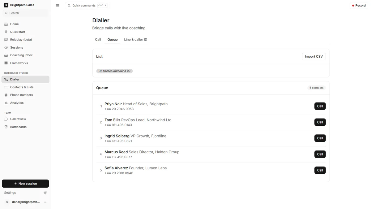 The Ringside dashboard dialler with a queue of contacts imported from a HubSpot list, the current contact highlighted and the next ones waiting.