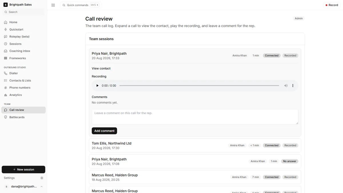 The Ringside call review page with the transcript, the framework scorecard and the call's summary.