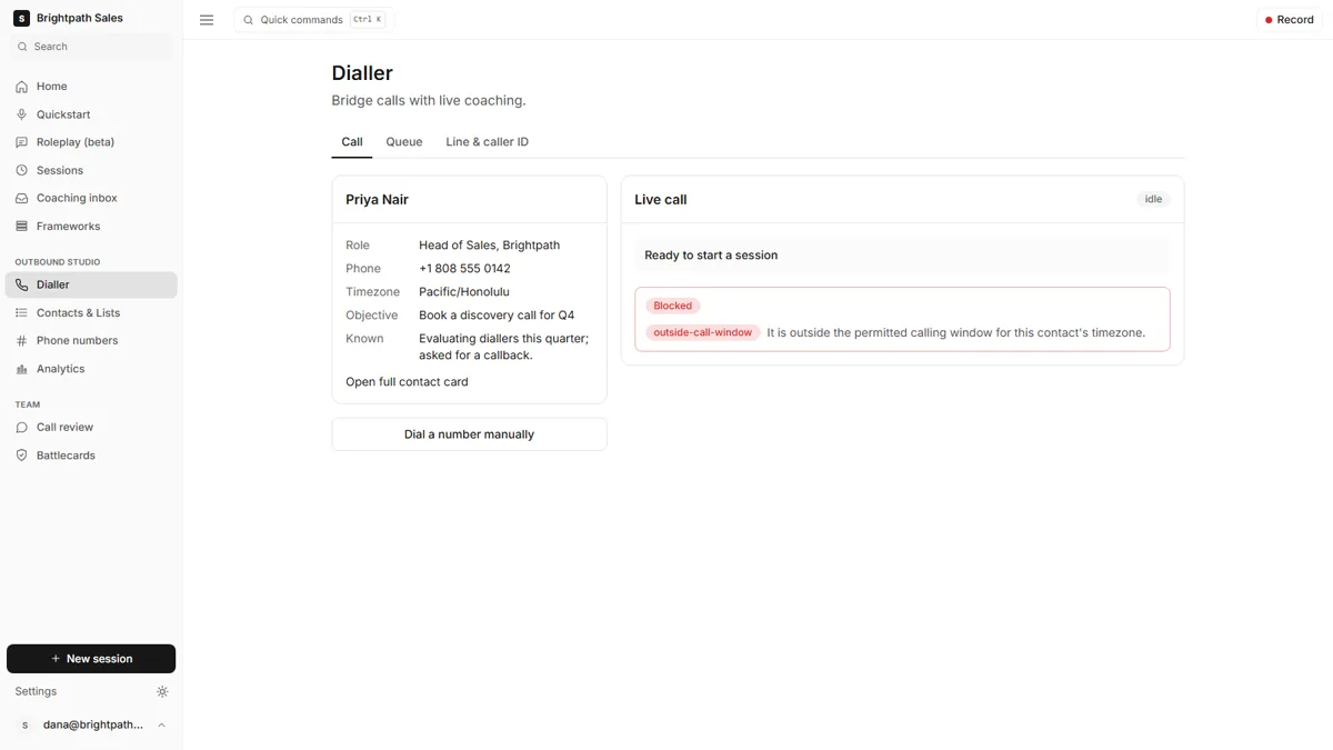 The Ringside dashboard refusing a dial, showing the compliance reason: the contact is outside calling hours in their timezone.