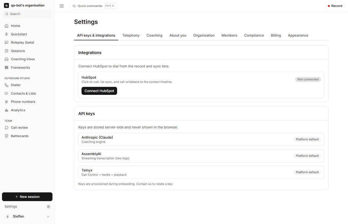 The Ringside dashboard Settings page on the Integrations tab, showing a HubSpot card marked Not connected with a Connect HubSpot button.
