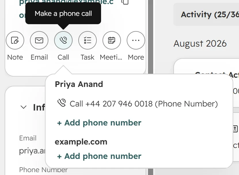 HubSpot's call provider picker on a contact record, listing Ringside among the providers.