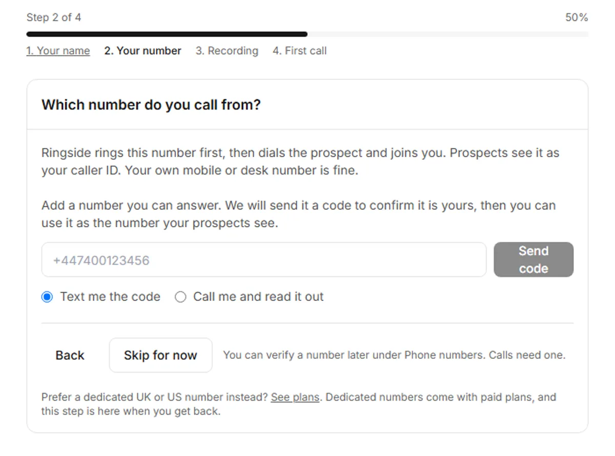 Welcome step 2 of 4, Which number do you call from, with a phone number field, a Send code button, a choice between a text and a voice call for the code, and Back and Skip for now buttons.